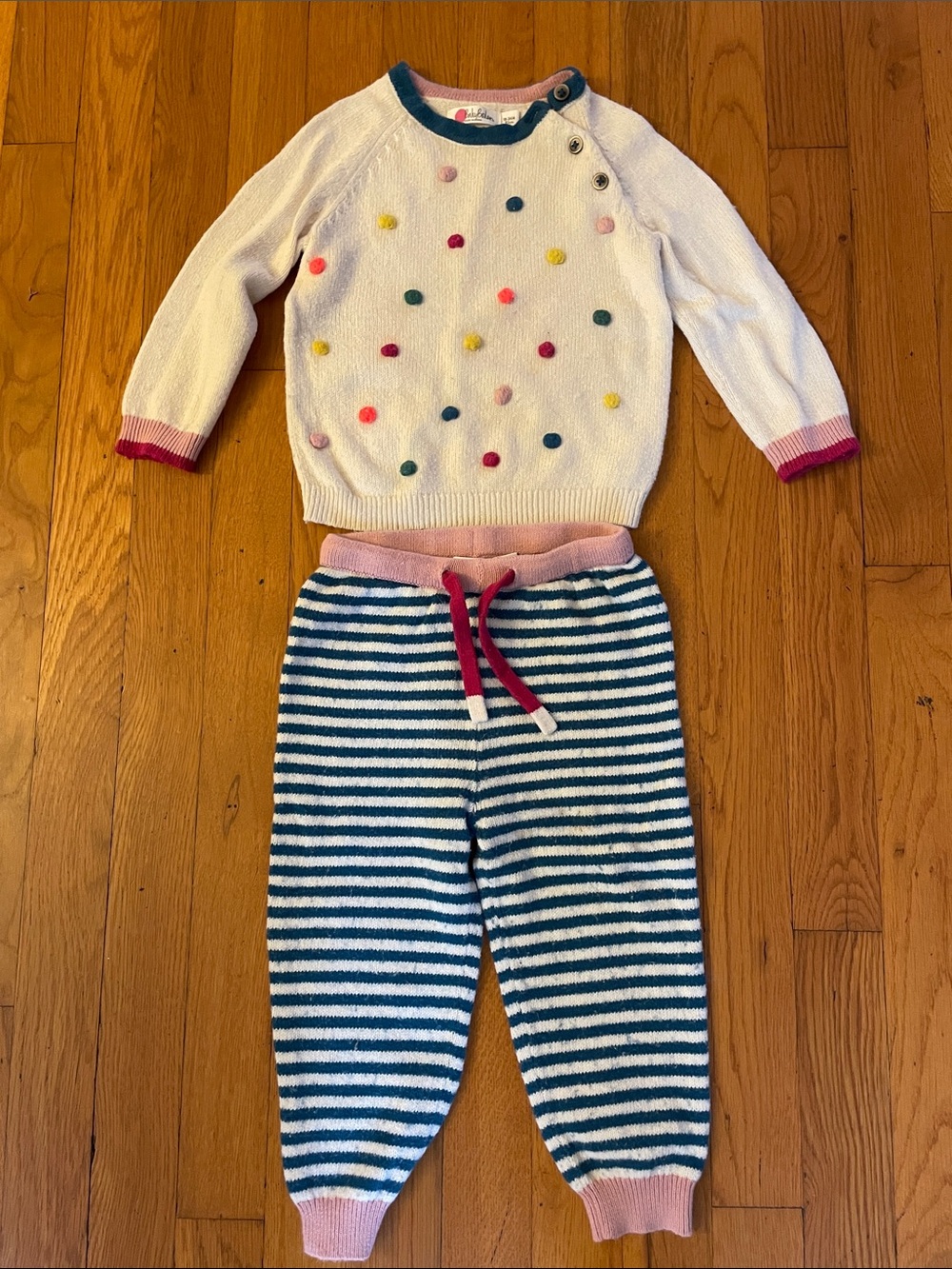 Mini boden Toddler Cream Pom-Pom Sweater & Blue Striped Knit Pants Set 18-24 mth